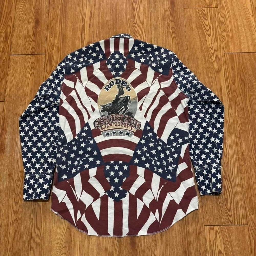 Wrangler Brushpopper Men's Shirt Button Up American Flag Greatest Show Rodeo Med - Picture 3 of 7